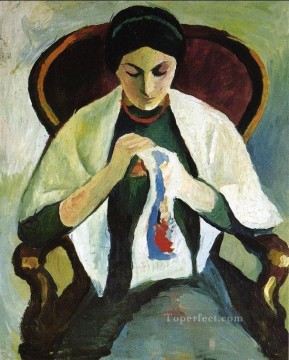 肘掛け椅子に座って刺繍をする女性 芸術家の妻アウグスト・マッケの肖像画 Oil Paintings